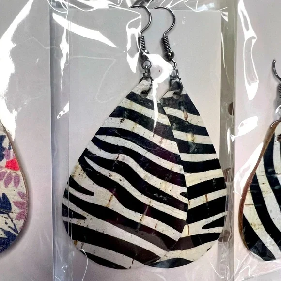 Zebra stripe print Cork on Leather teardrop earrings. 1.5” x 2.25”. Handmade - Picture 1 of 5